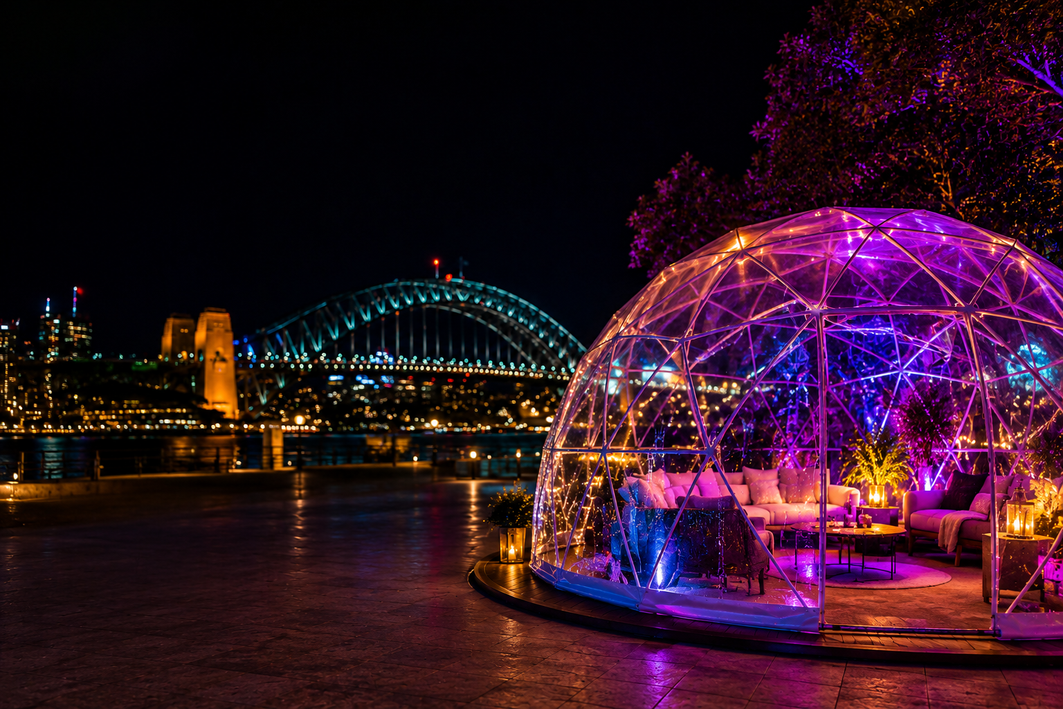 IGLOOZE illuminated dome with Sydney Harbour Bridge at night