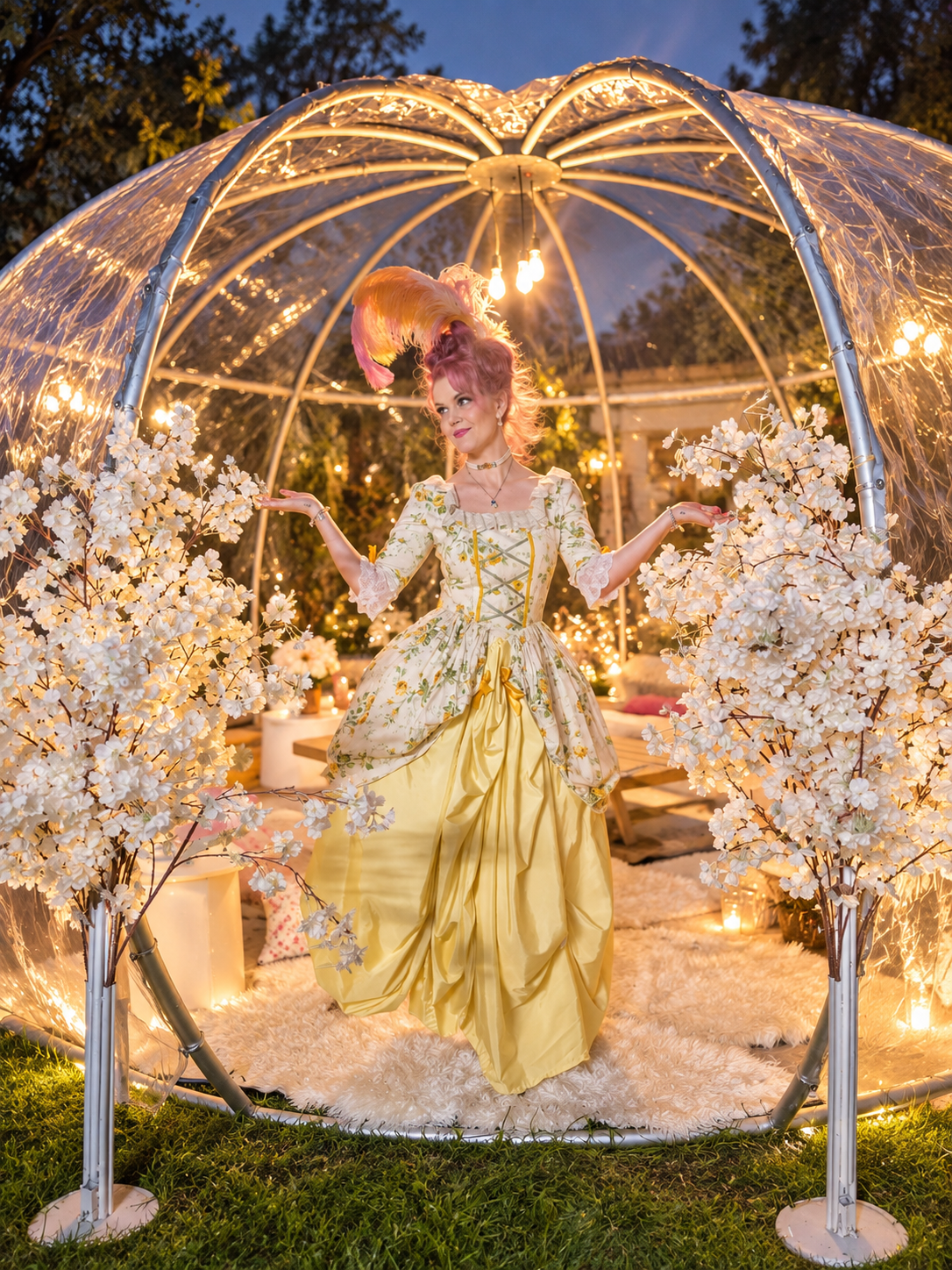 Performer in a costume inside an illuminated IGLOOZE dome at dusk