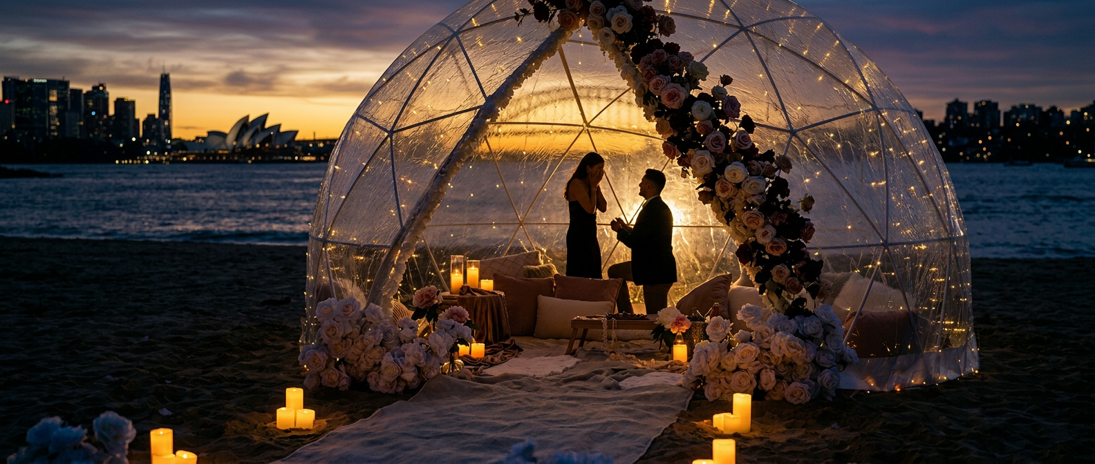 Twilight luxury marriage proposal inside a candlelit IGLOOZE dome overlooking Sydney Harbour