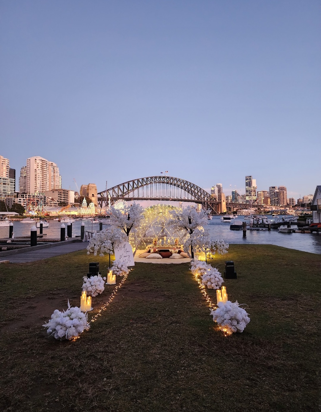 Lavender Bay proposal setup with Sydney Harbour Bridge view